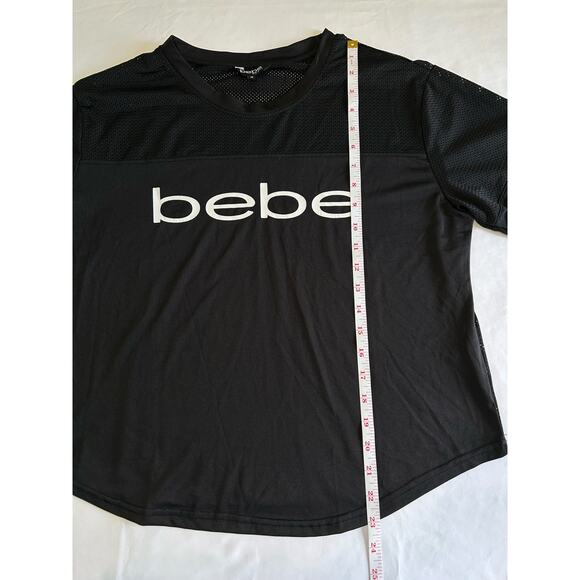 Bebe Sport Crop Top Relaxed Fit Black Shirt Spellout Logo Mesh Panel Size Medium - Picture 14 of 15
